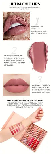 12 Colors Matte & Glossy Liquid Lipstick Set – Book Style Gift Kit for Women & Girls – Long Lasting Waterproof Lip Gloss with Nude, Pink, Red Shades, Non-Sticky, Transfer-Proof Lip Stain