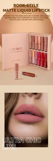 12 Colors Matte & Glossy Liquid Lipstick Set – Book Style Gift Kit for Women & Girls – Long Lasting Waterproof Lip Gloss with Nude, Pink, Red Shades, Non-Sticky, Transfer-Proof Lip Stain